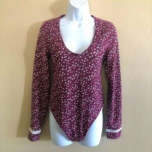 Free People Intimately FP Sugar Dreams Waffle knit Bodysuit In Wine Combo Size M